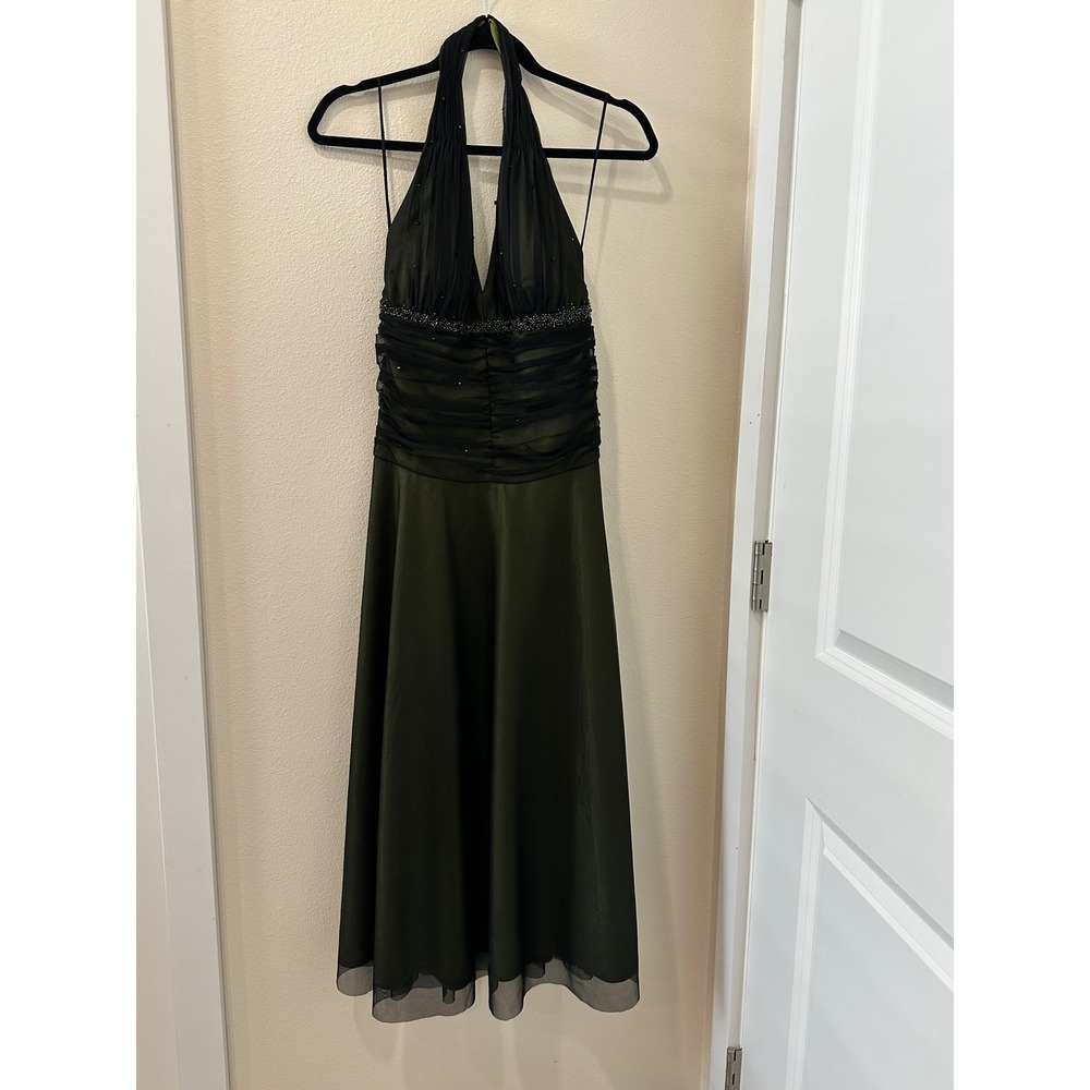 Y2K Olive Green Black Fairy Beaded Halter Neck Mesh Overlay Formal Midi Dress